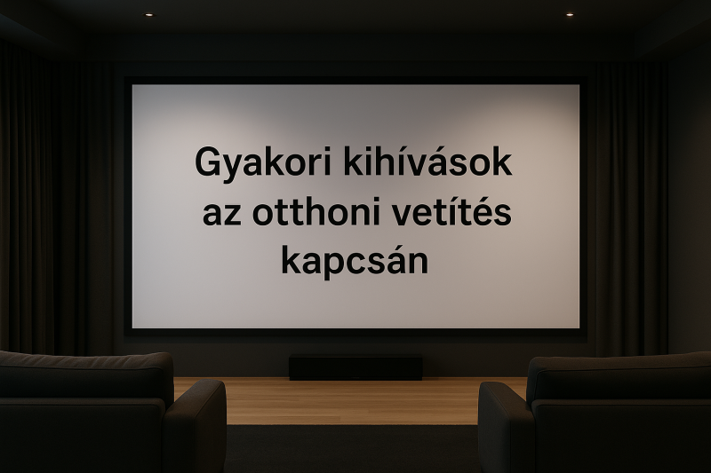 Modern nappali otthoni projektorral és vászonnal, sötétített környezetben, hangulatos világítással