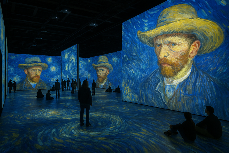 Immerzív kiállítótér Van Gogh festményeinek vetített változataival, ahol a látogatók körben állnak vagy ülnek a padlón, miközben a falakon és a padlón is nagyfelbontású projekciók láthatók.