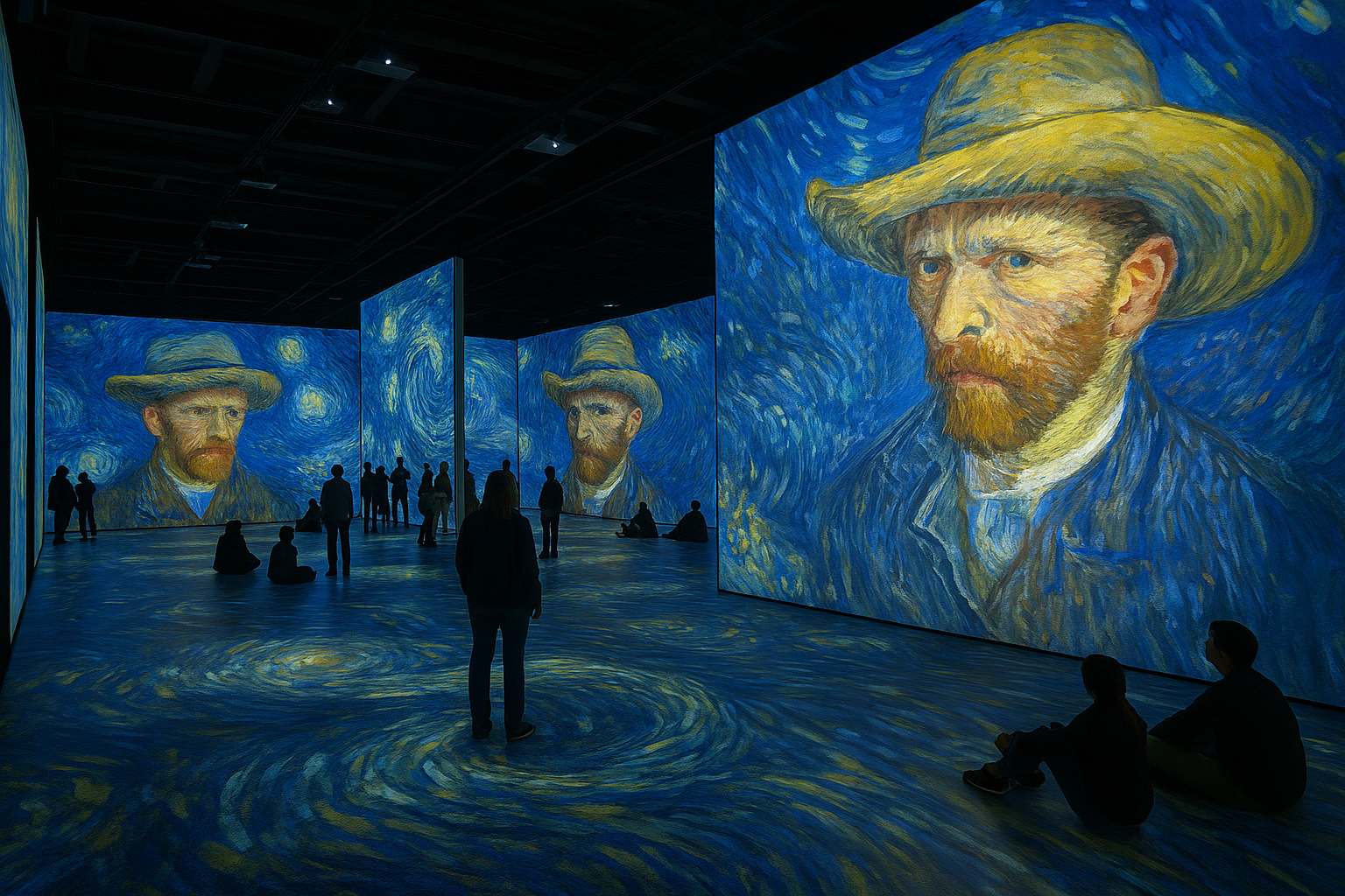 Immerzív kiállítótér Van Gogh festményeinek vetített változataival, ahol a látogatók körben állnak vagy ülnek a padlón, miközben a falakon és a padlón is nagyfelbontású projekciók láthatók.