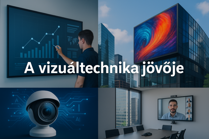 Interaktív kijelzőt használó férfi, microLED reklám egy városi épületen, AI-kamera technológia és modern hibrid tárgyaló videóhívással – a vizuáltechnika jövője illusztrációban.