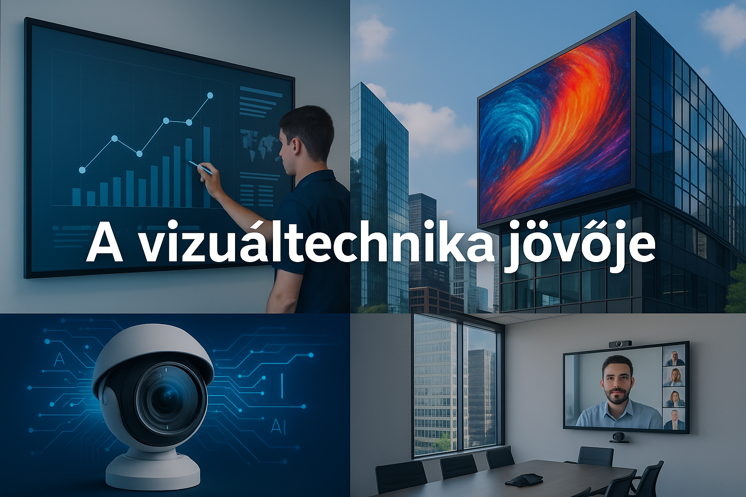 Interaktív kijelzőt használó férfi, microLED reklám egy városi épületen, AI-kamera technológia és modern hibrid tárgyaló videóhívással – a vizuáltechnika jövője illusztrációban.