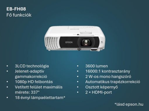 Epson EB-FH08 Full HD projektor fehér házzal, 3LCD technológiával és 3600 lumen fényerővel, otthoni és üzleti használatra tervezve