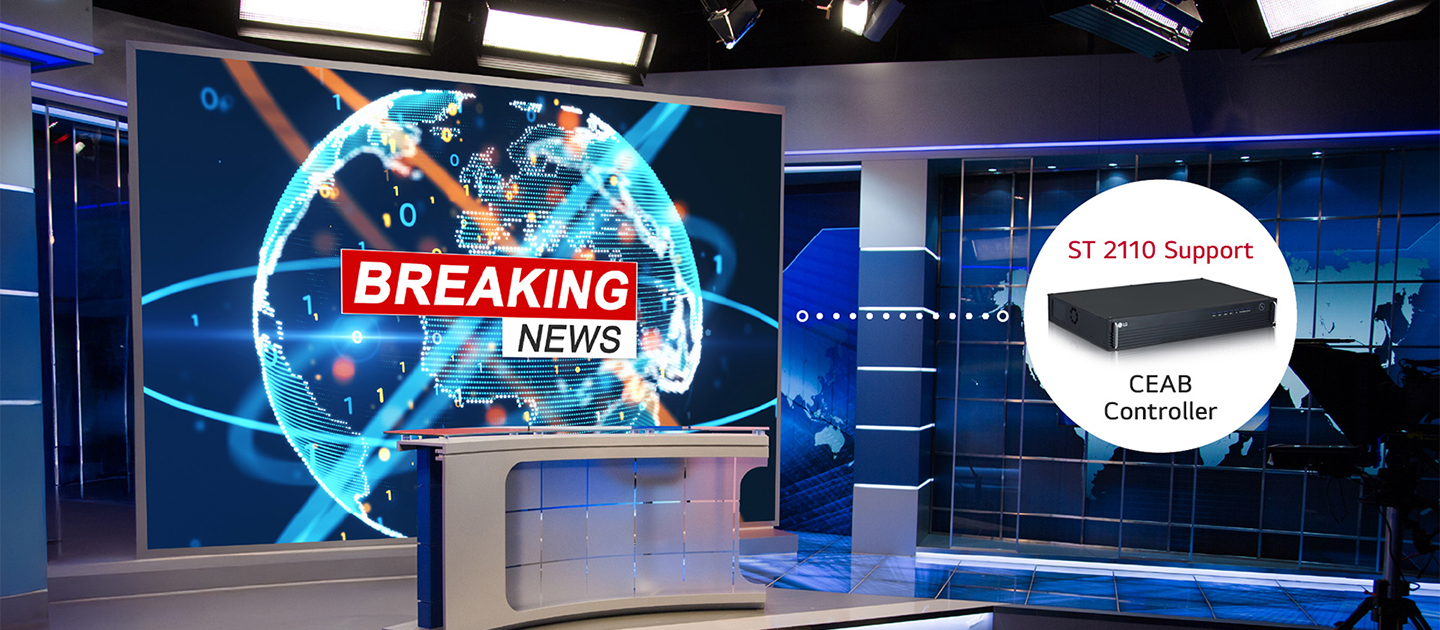 Nagy felbontású LED videófal televíziós stúdióban, breaking news háttérgrafikával és vezérlőegységgel.