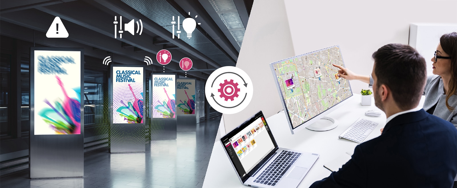 LG CMS rendszer kampányütemezési és kijelzőmenedzsment felülete digitalsignage hálózat központi kezeléséhez.