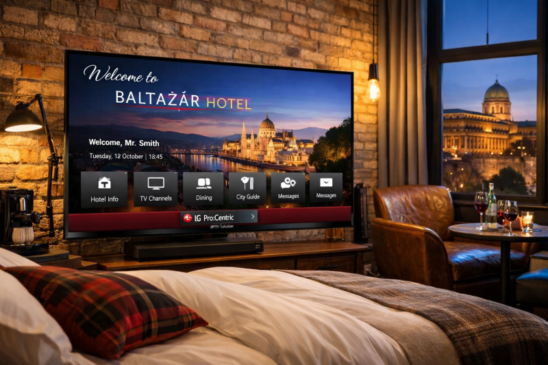 LG Pro:Centric Hotel TV rendszer boutique hotel szobában IPTV alapú vendégtájékoztató felülettel