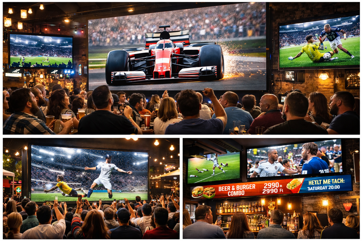 Digitális signage kijelzők pubban vagy étteremben sportközvetítés közben