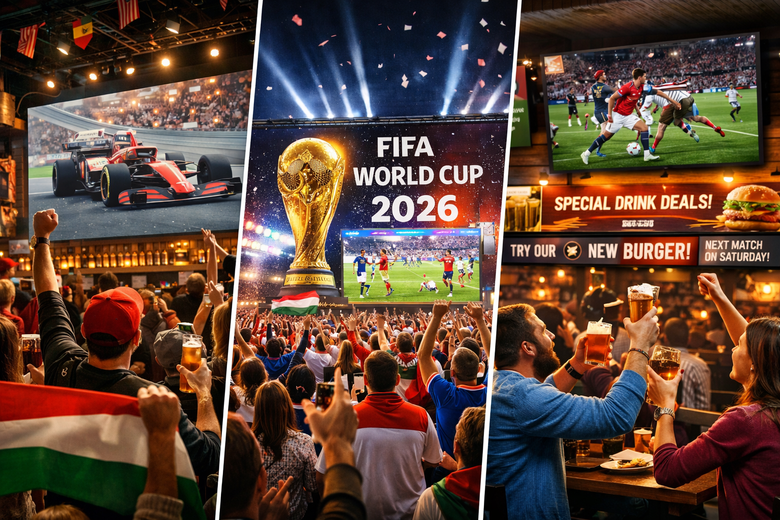 Sportközvetítés LED falon fan zone vagy vendéglátóhely környezetben